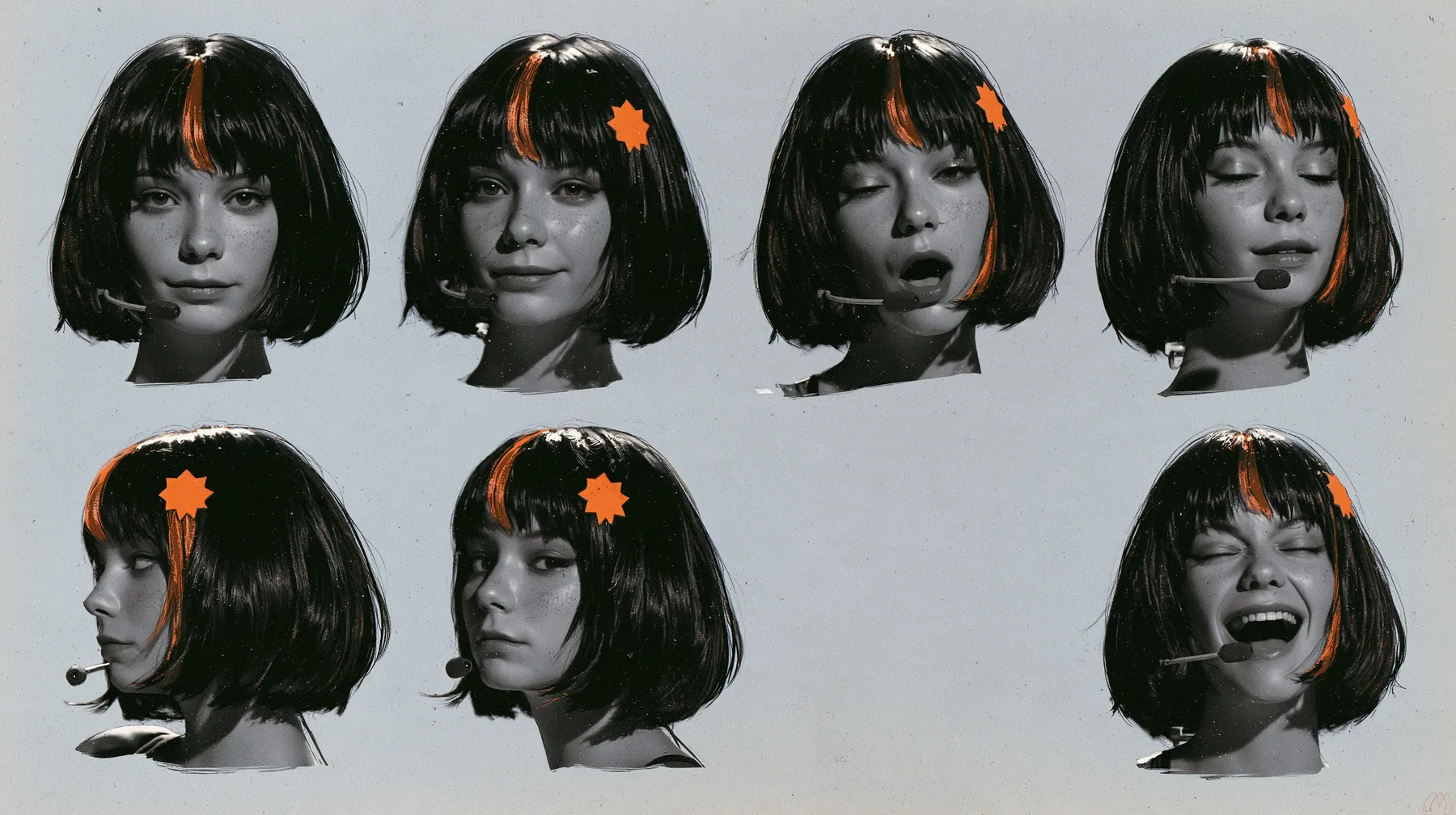 character expression sheet of one young woman, six head-and-shoulders portraits in a grid — neutral, faint smile, singing with open mouth, eyes closed, looking over shoulder, laughing — a glossy black blunt bob with…
